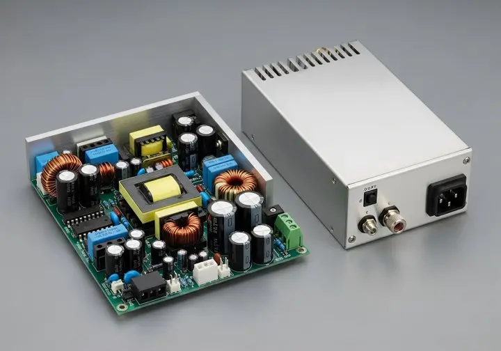 An open switching-mode power supply PCB beside a metal-cased linear transformer supply