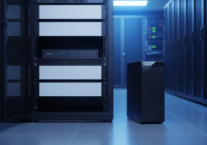 A rack-mount UPS and a small tower UPS in a server room