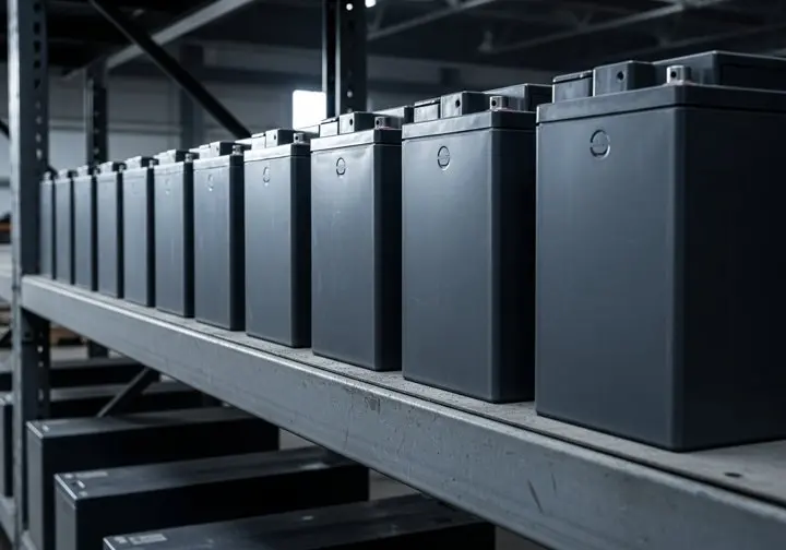 Row of grey sealed VRLA lead-acid battery blocks on an industrial shelf