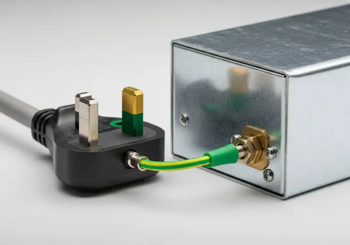 UK three-pin mains plug linked by a green-and-yellow earth wire to an enclosed metal power supply