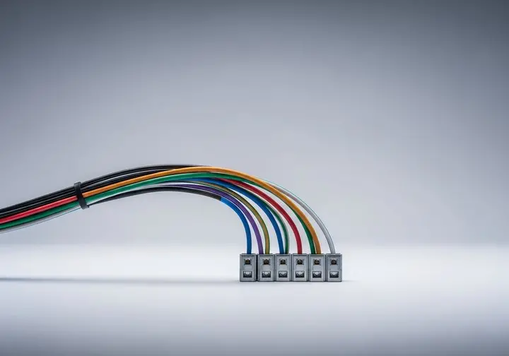 Coloured insulated wires curving into a row of grey terminal blocks on a plain background