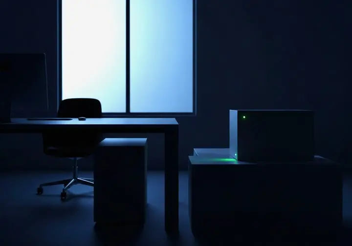 A dark office at night with a single green standby indicator glowing on equipment