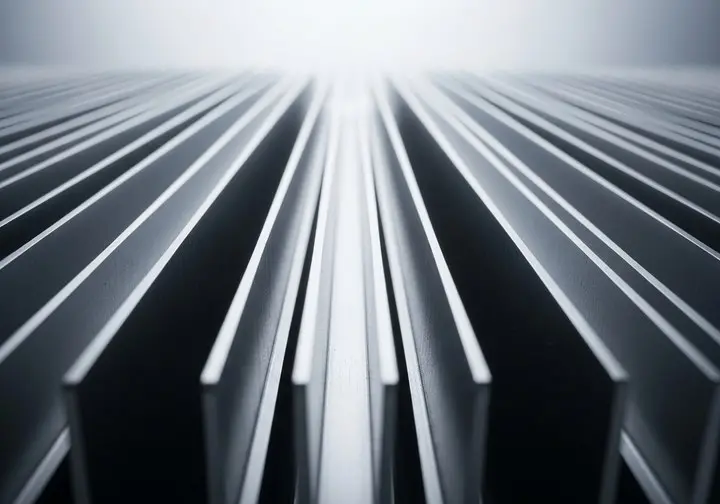 Close view of the parallel fins of an aluminium heatsink