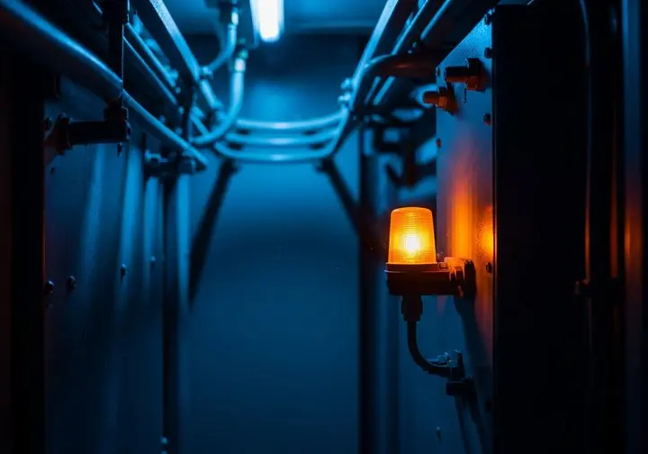 An amber warning beacon glowing in a dark industrial equipment cabinet