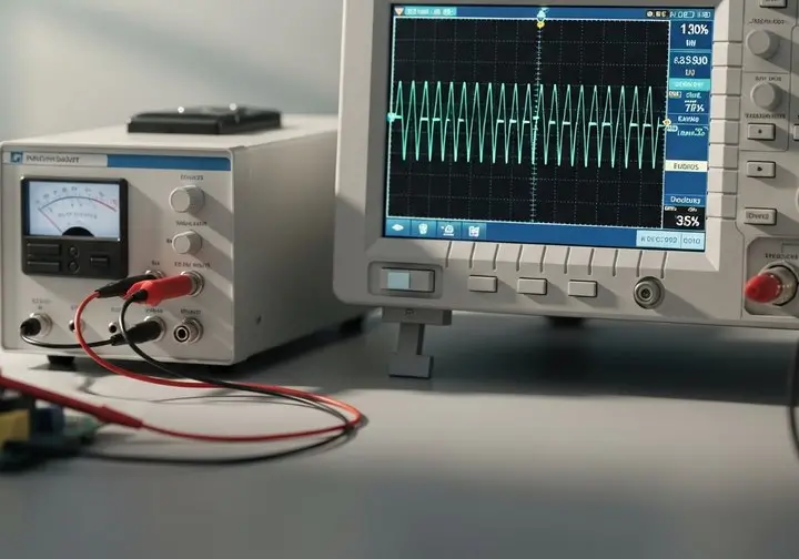 An oscilloscope showing a waveform trace beside a bench power supply with test leads