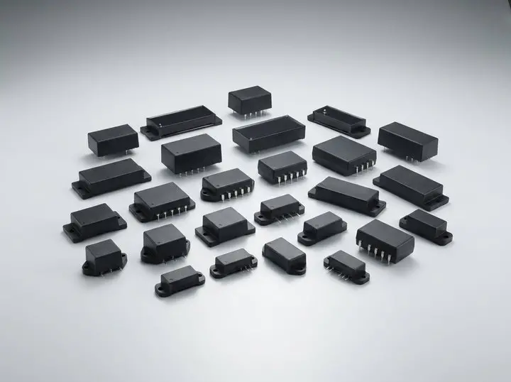 Small encapsulated DC-DC converter modules on a workbench