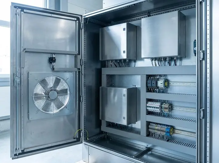 Industrial control cabinet interior with a cooling fan