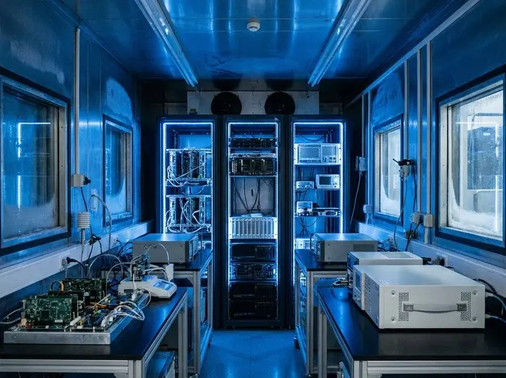 Electronic equipment under test in an environmental chamber