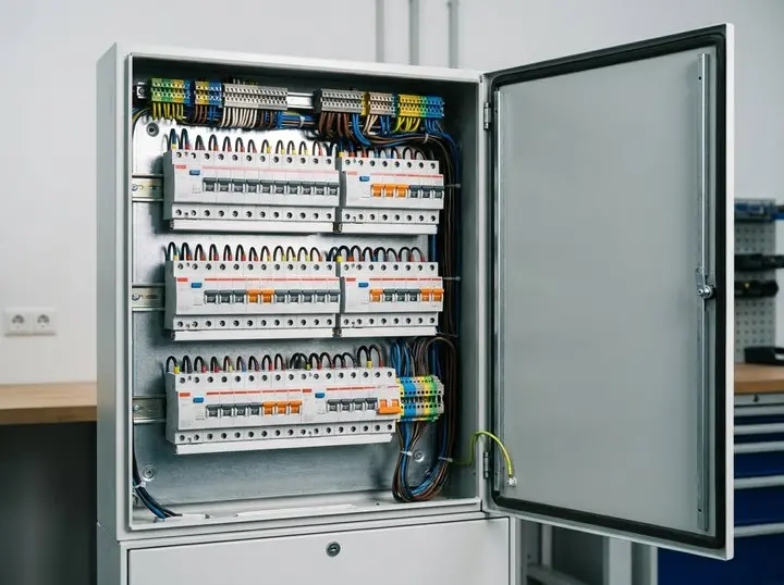 Distribution board with circuit breakers and RCDs