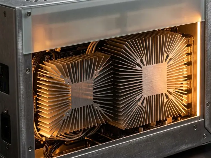 Finned aluminium heatsinks inside an electronics enclosure