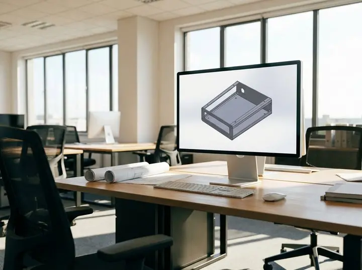 3D CAD wireframe model of an electronics enclosure on screen