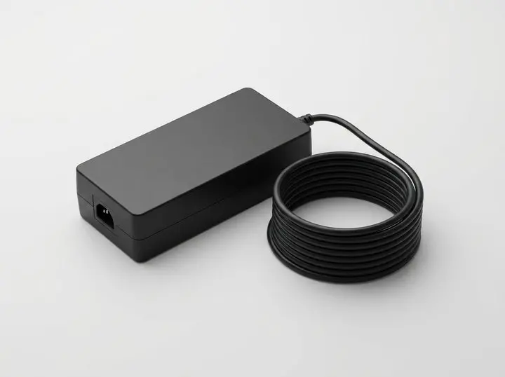 External desktop power adaptor with its lead coiled beside it