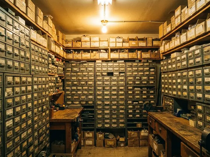 Component storage drawers in an electronics stores room